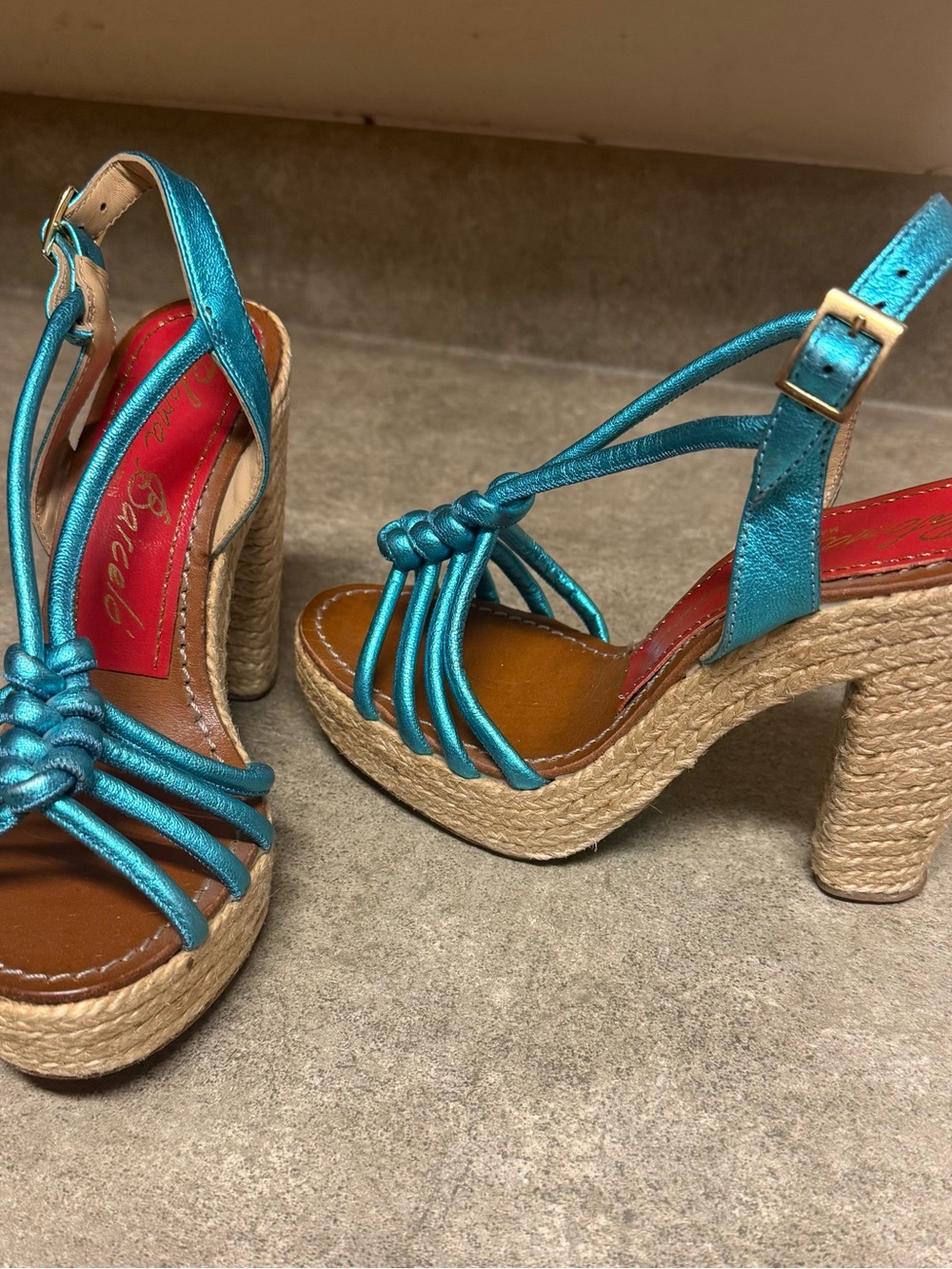 Paloma Barcelo Turquoise Metallic Knot Platform Sandals